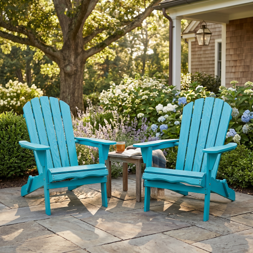 Folding Wooden Adirondack Chair with Embossed Grain, Solid Wood Patio Chair, Turquoise