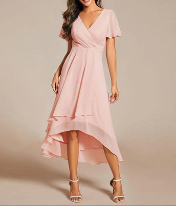 Ruffles Sleeve Pleated V-Neck A-Line Midi Dress