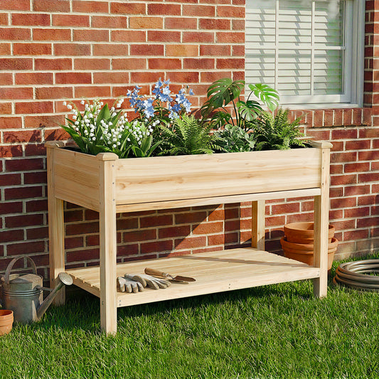 48" Raised Garden Bed with Water Tray & Storage Shelf, Elevated Wood Planter with Liner
