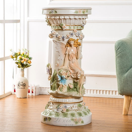 Luxury 33" Vintage Roman Column Pedestal, Hand-Painted Fairy Rose Relief for Living Room Decor