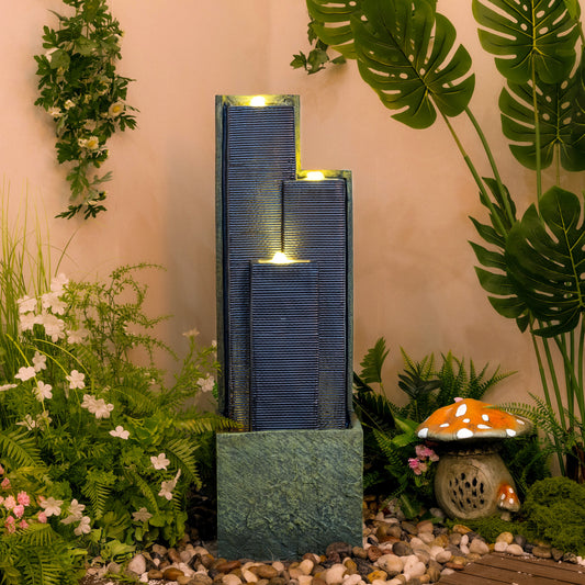 Modern Cascading Column Water Fountain, 39.7" LED Lighted Outdoor Garden Water Feature