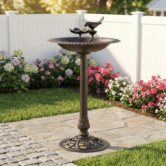 Antique Bronze Aluminum & Iron Bird Bath – Rust-Proof Vintage Sculptural Pedestal for Garden, Patio & Yard Decor