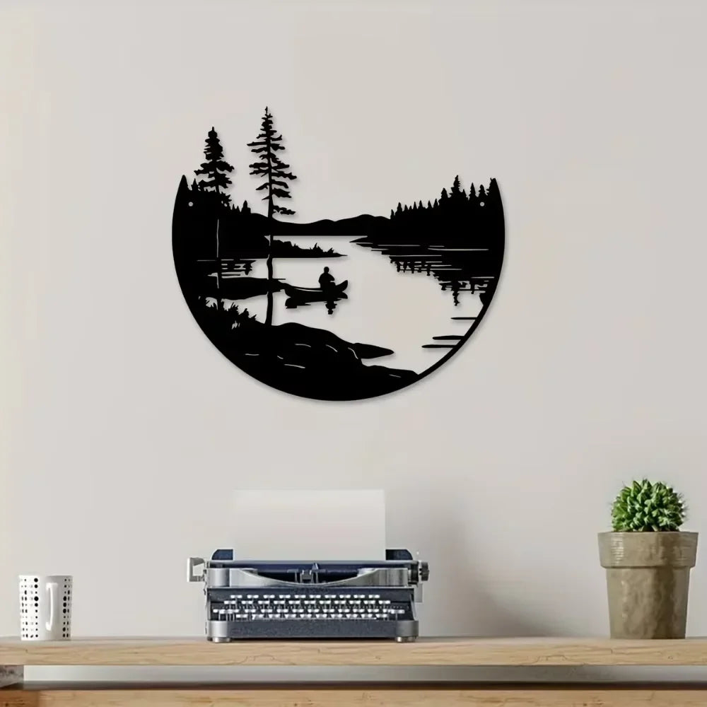 Bohemian-Inspired Metal Wall Art: Scenic Lake & Mountain Silhouette Round Sculpture for Elegant Home and Patio Decor