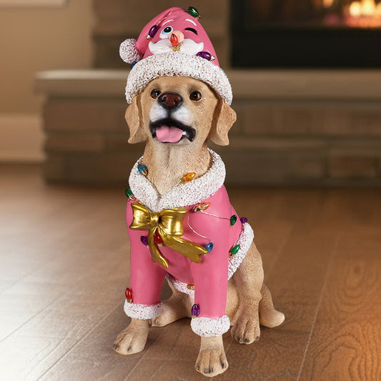 Christmas Labrador Statue, Holiday Dog Figurine in Pink Santa Outfit