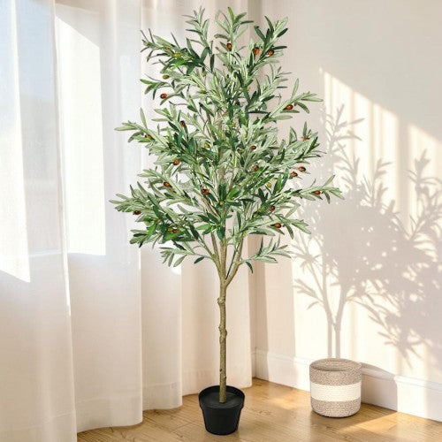 6FT Artificial Olive Tree, Tall Faux Mediterranean Floor Plant with Planter & Basket