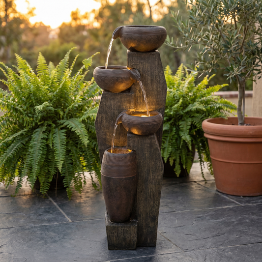 Rustic 4-Tier Bowl Water Fountain, 33.1" LED Lighted Wood-Look Garden Water Feature