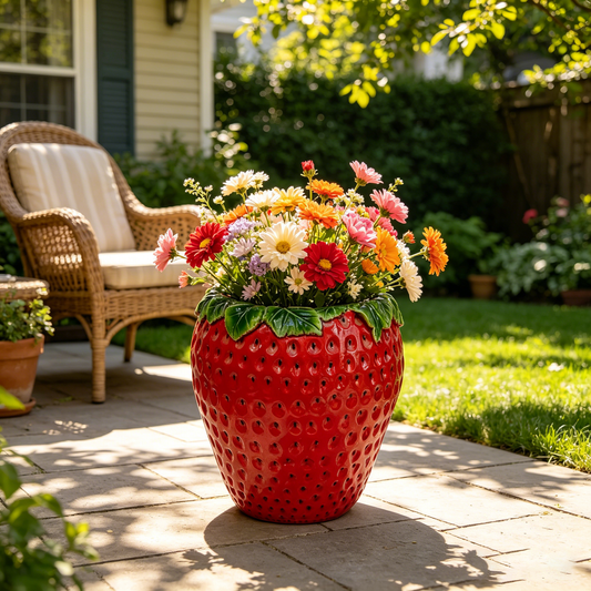 15" Strawberry Shaped Planter Pot, Lifelike Resin Flower Vase for Patio, Yard & Tabletop Decor