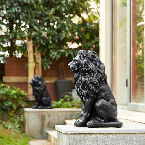 20.5" Majestic Resin Black Lion Statue, Weatherproof Guardian Sculpture for Patio & Entryway