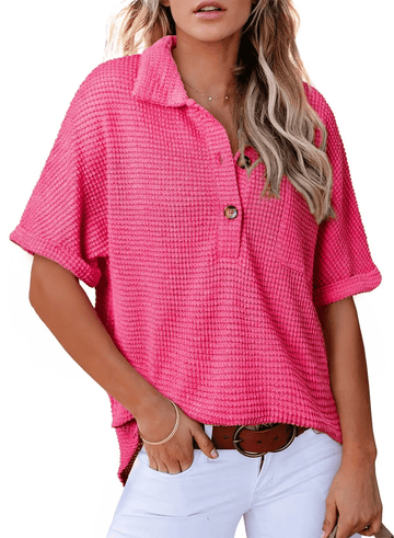 Women's Waffle Knit Short Sleeve Tunic Henley Shirts
