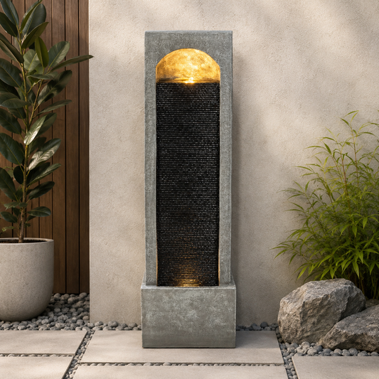 Modern Tall Vertical Water Fountain, 39" LED Lighted Cascading Garden Water Feature
