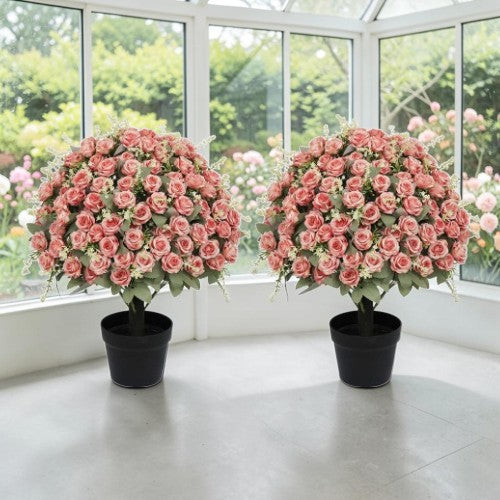 24" Artificial Rose Plants, 2 Pack Pink UV-Resistant Lifelike Faux Potted Floral Decor