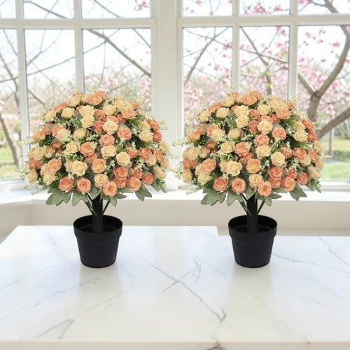 24" Artificial Rose Plants, 2 Pack Yellow UV-Resistant Lifelike Faux Potted Floral Decor