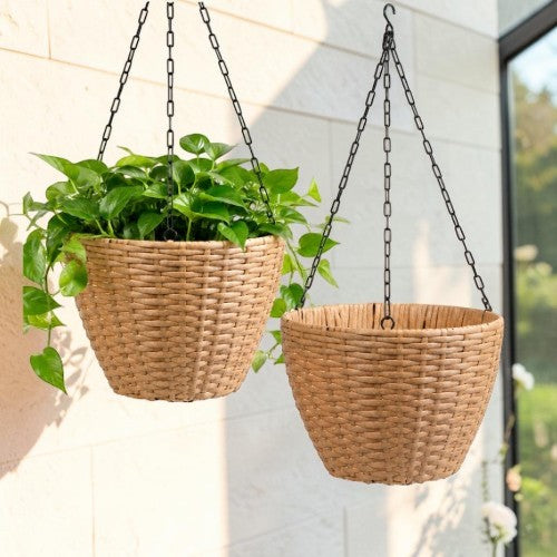 10.6" Resin Wicker Hanging Planters, Set of 2 with Steel Frame & PE Liner