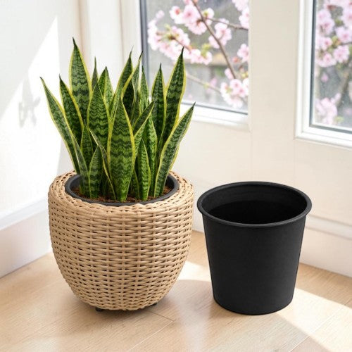13" Round Polyrattan Planter, Natural Resin Wicker Plant Pot with Steel Frame & Black Insert