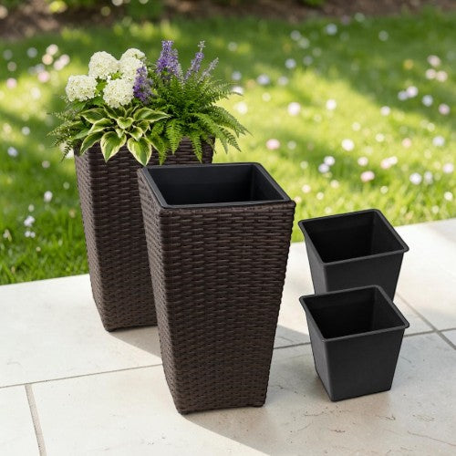 19.7" Tall Poly Rattan Planters, Set of 2 Brown Tapered Pots with Steel Frame & PP Insert
