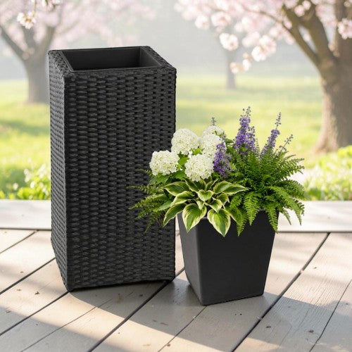 25.2" Tall Black Square Planter Box, Resin Wicker Pot with PP Insert for Patio & Entryway