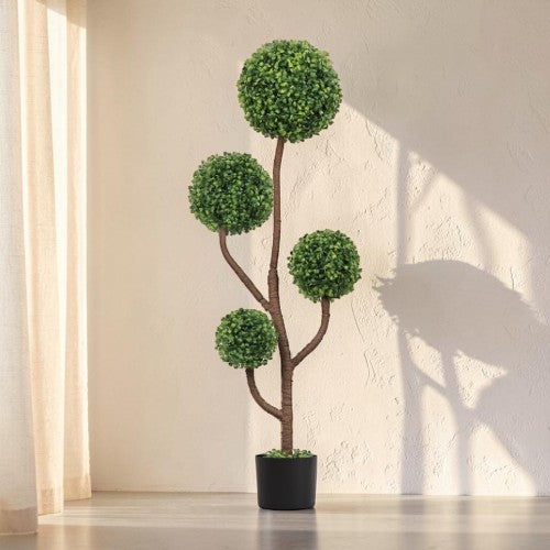 4FT Artificial Boxwood Topiary Tree, Large Faux Green Ball Plant with Black Pot