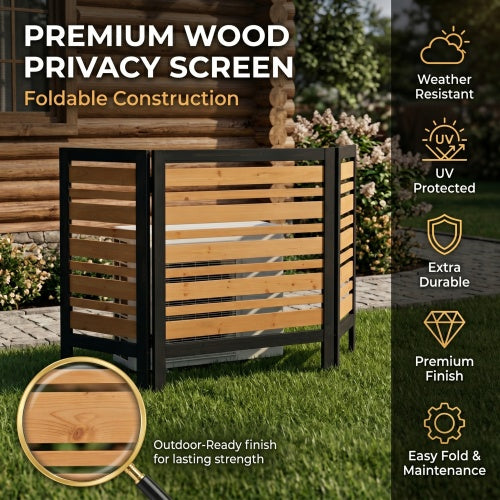 3-Panel Wooden Privacy Screen Fence, Outdoor AC Cover for Backyard Garden