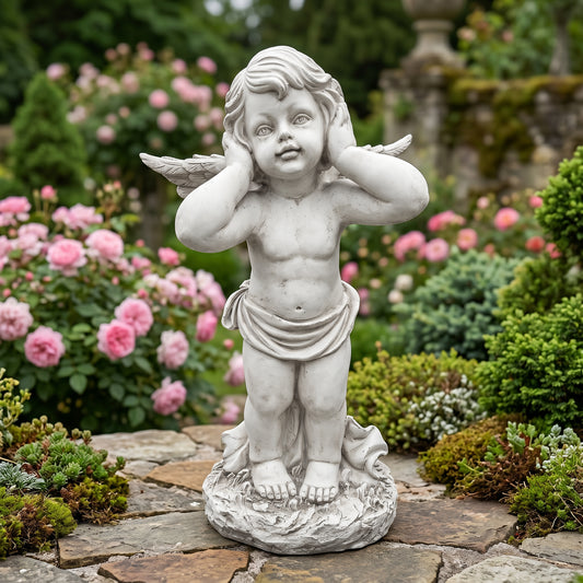 Winged Angel Covering Ears Statue, Antique Resin Cherub Sculpture for Garden & Lawn Decor