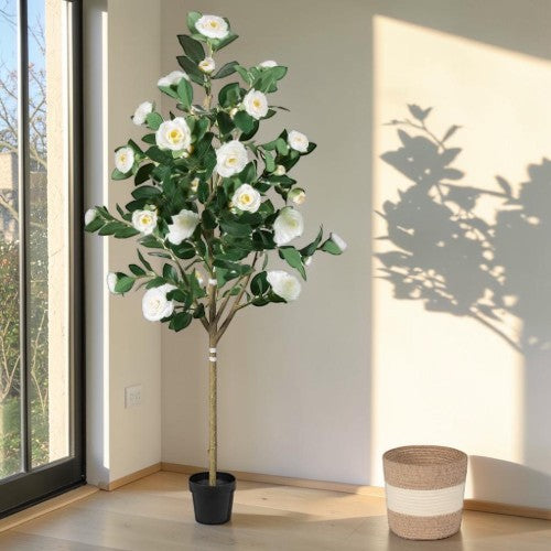5FT Artificial Camellia Tree, Faux Silk Flower Floor Plant with Planter & Basket
