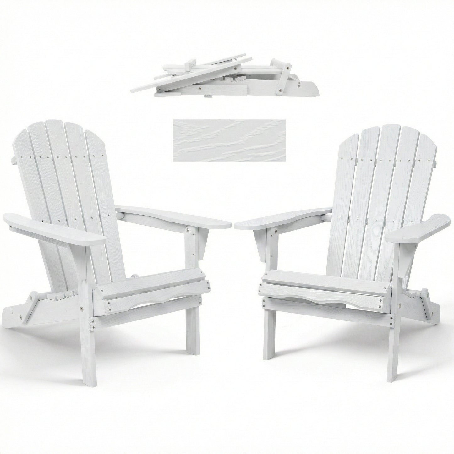 Folding Wooden Adirondack Chair with Embossed Grain, Solid Wood Patio Chair, White