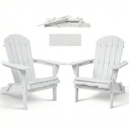 Folding Wooden Adirondack Chair with Embossed Grain, Solid Wood Patio Chair, White