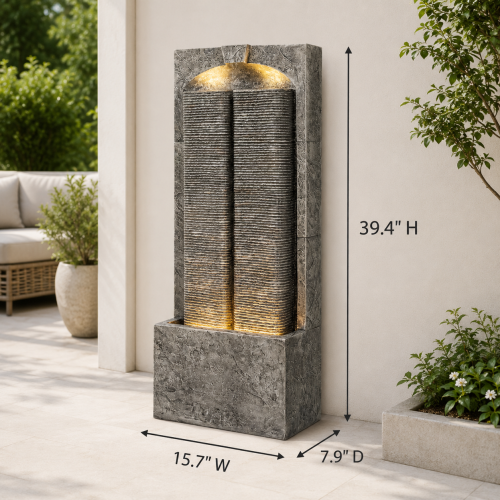 Modern Cascading Wall Fountain, 39" LED Lighted Weather-Resistant Garden Water Feature