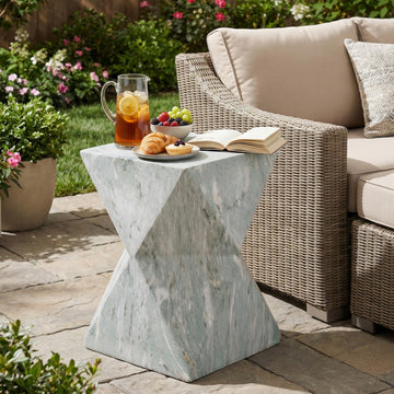 Modern Geometric MGO Side Table, Hourglass Accent End Table with Marble Finish