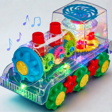 Interactive Transparent Train Toy with LED Light and Sound, 360 Rotating Engine Toy for Kids, Baby Sound Toys, Automatic Obstacle Avoidance