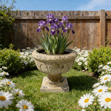 Antique White 17.7" MGO Garden Urn Planter, Classic Weathered Stone Finish with Drainage Hole