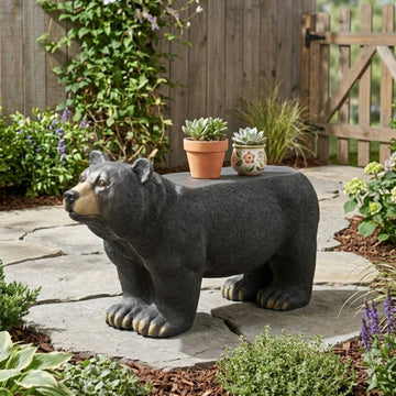 MGO Bear Bench, Outdoor Concrete Seating with Matte Black Finish, No Assembly