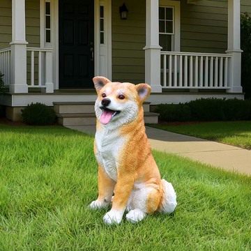 Lifelike Sitting Shiba Inu Statue, Realistic Resin Dog Figurine for Garden & Yard Decor