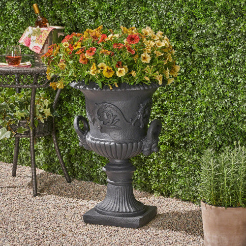 Classic Roman MGO Garden Urn Planter, 28.25" Wide Floral Relief Flower Pot with Handles