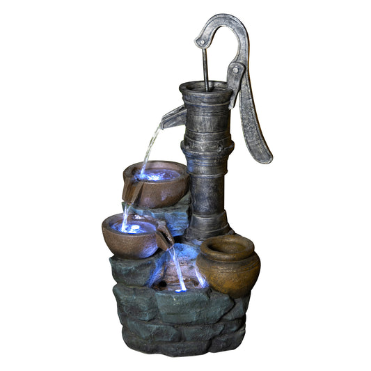Vintage Hand Pump Outdoor Fountain, 32" Resin Cascading Water Feature with LED Lights