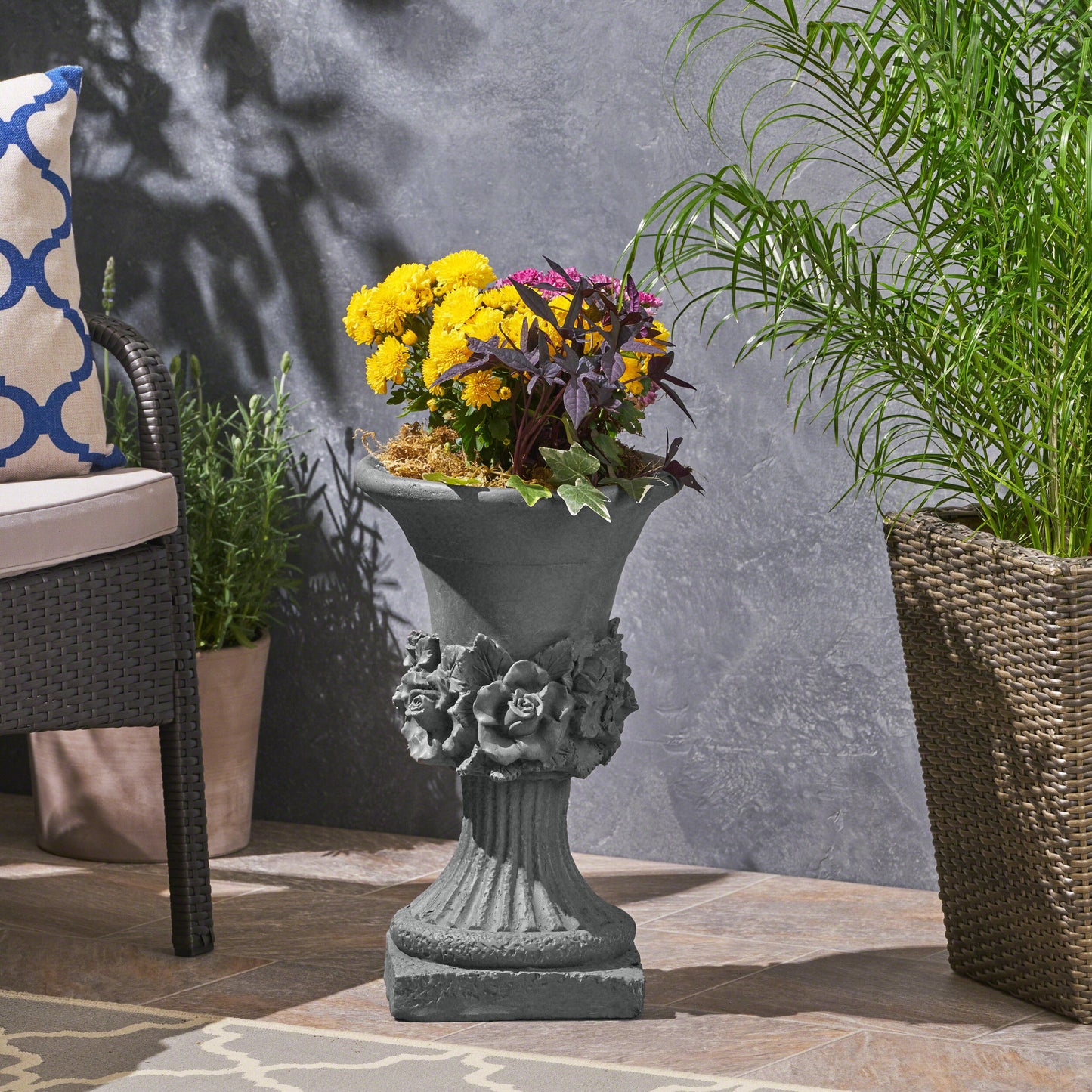 Antique Gray MGO Garden Urn Planter, 19.5" Floral Relief Sculptural Flower Pot