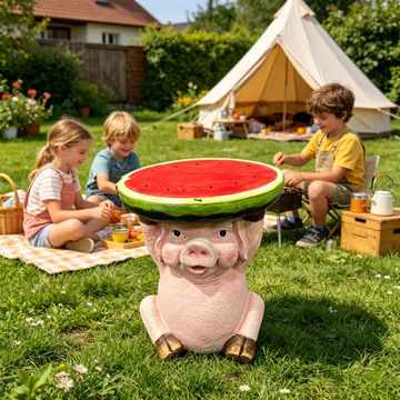 Cute Resin Pig Side Table with Watermelon Top – 13.4" Hand-Painted Whimsical Plant Stand & Kids' End Table, Durable Indoor Outdoor Garden Decor for Patio, Playroom & Summer Parties