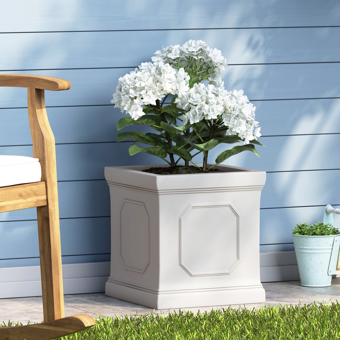 Antique White MGO Square Planter, 14" Classic Paneled Indoor Outdoor Flower Pot