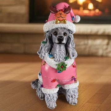 Christmas Poodle Statue, Holiday Dog Figurine in Pink Santa Outfit