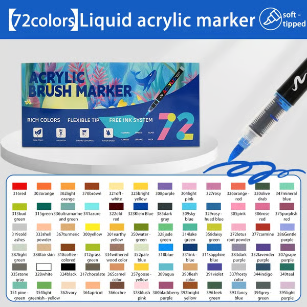 12-72 Colors Acrylic Marker Pen Soft Brush Nib Art Markers for Rocks Tiles Glass Ceramic Pens Painting DIY Art Supplies
