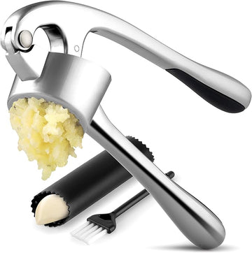 Premium Garlic Press Set | Rust-Proof Mincer + Silicone Peeler And Brush (Chrome)