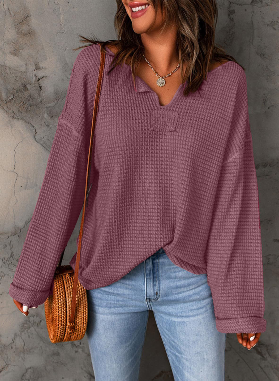 2024 Trendy Women's Oversized Casual V Neck Waffle Knit Tunic Top