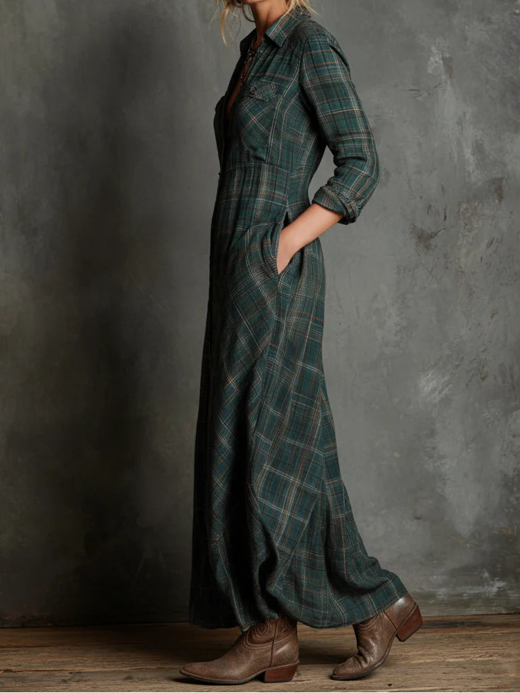 Women's Plaid Lapel Single-Breasted Shirt Maxi Dress