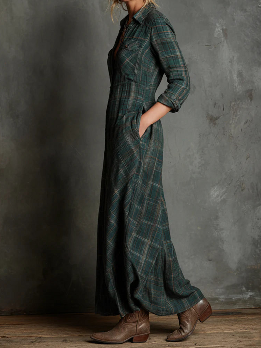 Women's Plaid Lapel Single-Breasted Shirt Maxi Dress