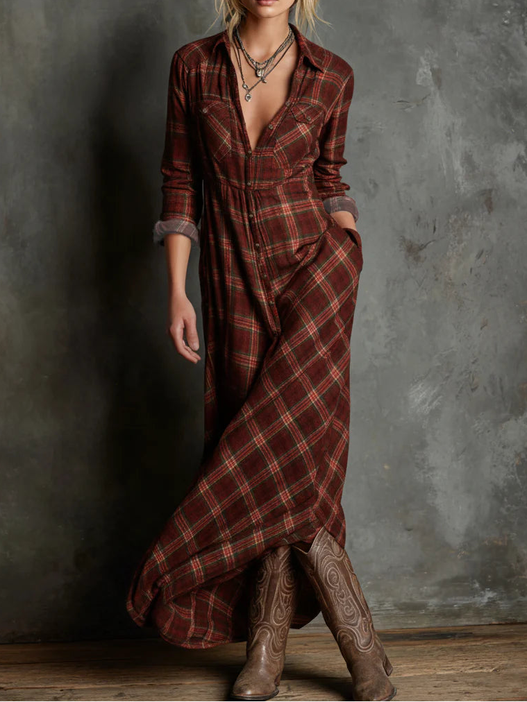 Women's Plaid Lapel Single-Breasted Shirt Maxi Dress