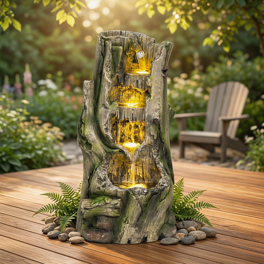 Tree Stump Waterfall Fountain with LED Lights, 23.6" Resin Woodland Garden Water Feature