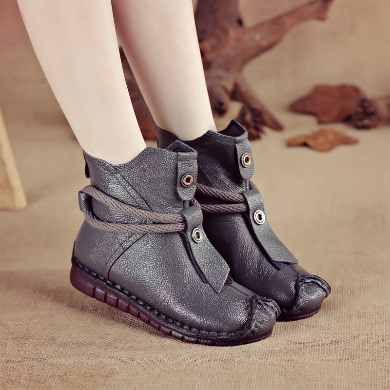 New autumn and winter first layer leather flat-bottom soft-soled booties