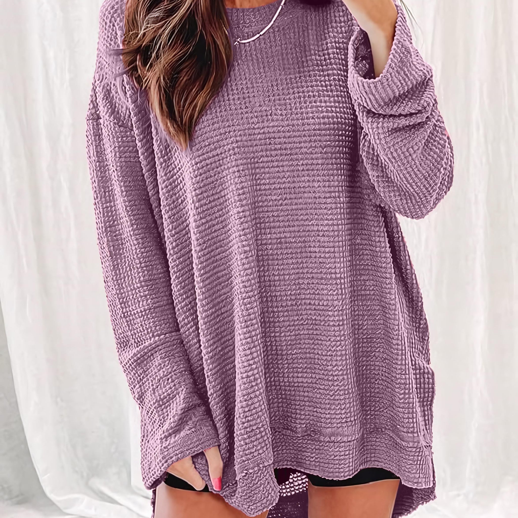 Women's Casual Long Sleeve Waffle Knit Hi-low Hem Tops