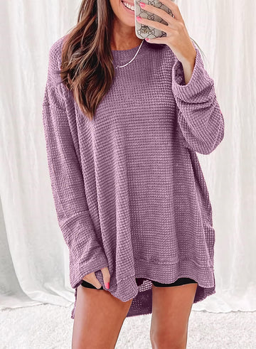 Women's Casual Long Sleeve Waffle Knit Hi-low Hem Tops