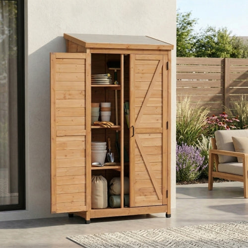 Tall Outdoor Wooden Storage Cabinet, Vertical Tool Shed for Patio & Garden