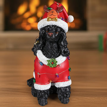 Christmas Black Poodle Statue, Holiday Dog Figurine in Red Santa Outfit